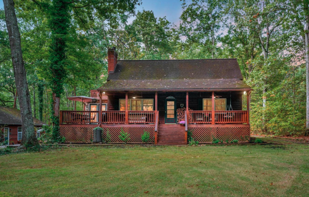Cedar cabin home hidden by trees
